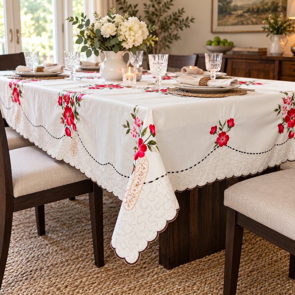 Handmade Embroidered Floral Tablecloth 95x63 Unfinished Seamstress Estate